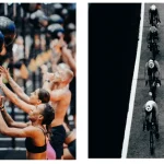 HYROX yarışında duvar topu egzersizi yapan sporcular ve triatlon bisikletçileri