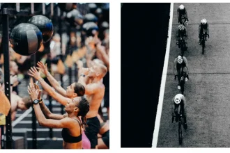HYROX yarışında duvar topu egzersizi yapan sporcular ve triatlon bisikletçileri