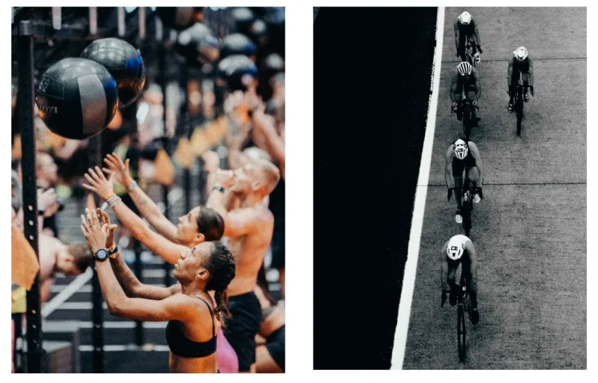 HYROX yarışında duvar topu egzersizi yapan sporcular ve triatlon bisikletçileri