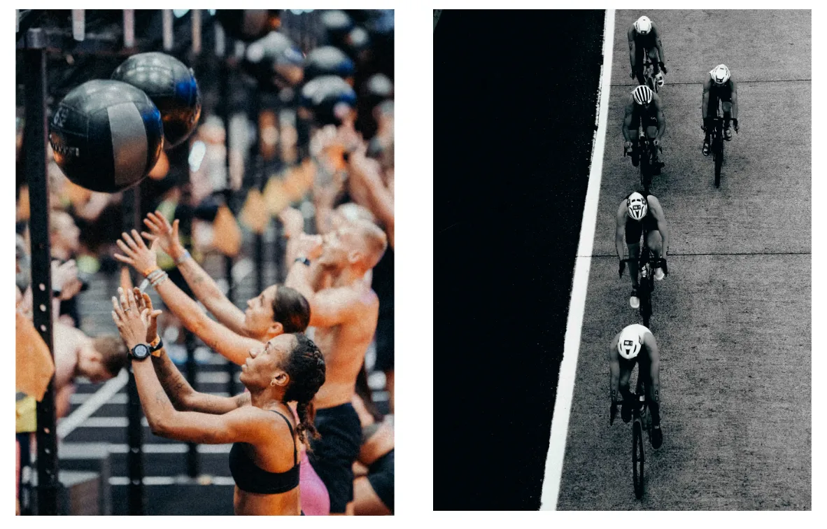HYROX yarışında duvar topu egzersizi yapan sporcular ve triatlon bisikletçileri